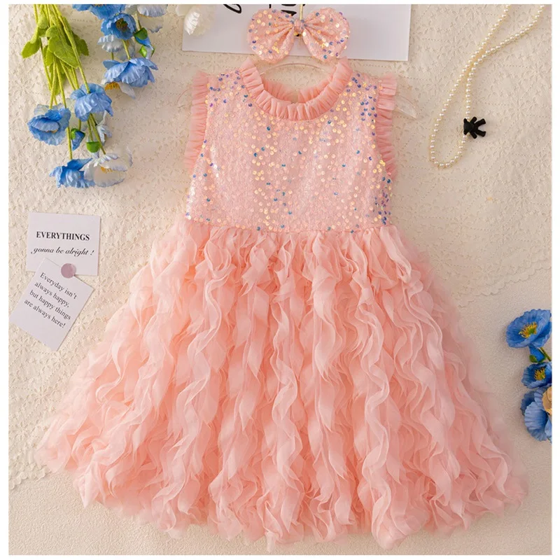 Girls' summer floral-scented dress, mesh skirt with wavy hem, sequin decoration, suitable for girls aged 3-12