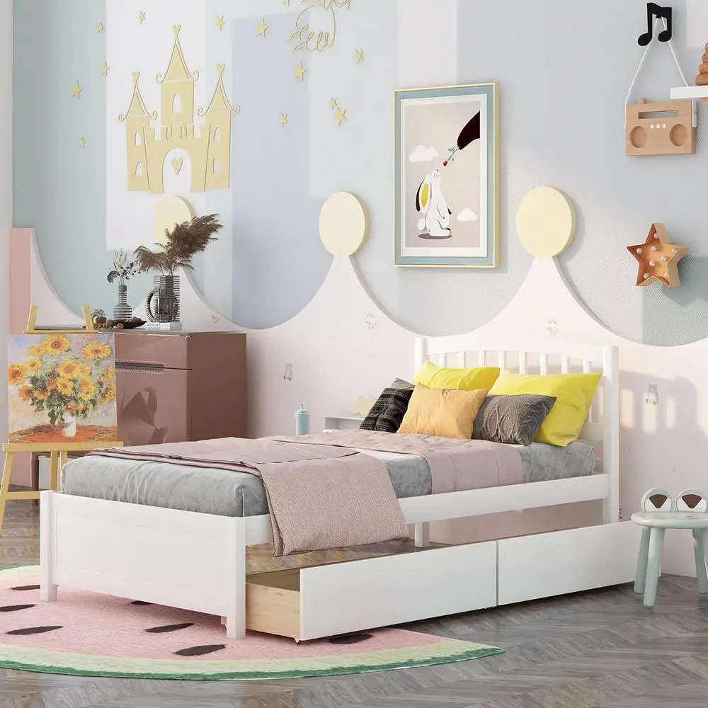 

Solid Wood Platorm Bed Twin Size with 2 Storage Ders or Kids,Twin Size Low Platorm Bed e with Curved board,ootboard and Under Be