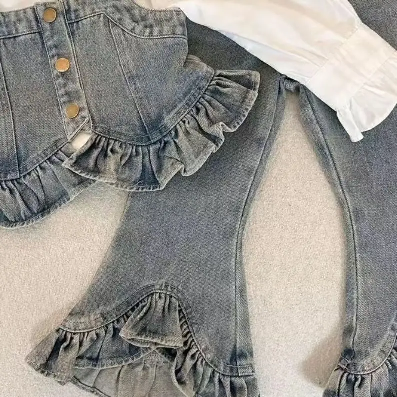 Girls' Set New Western-style Denim Spring and Autumn Children's Vest Shirt Baby Three Piece Set Jeans