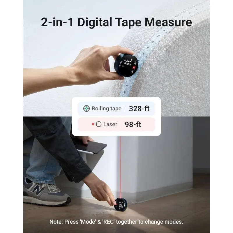 Measure with Laser, 98-ft Laser & 328-ft Rolling Tape Measure with Digital Readout and Magnetic Back