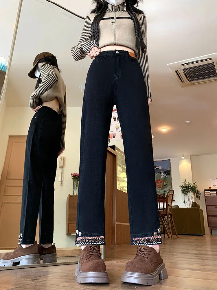 ارتفاع الخصر المطرزة واسعة الساق الجينز المرأة سليم صالح مستقيم قطع الدينيم السراويل الخريف جديد Sle حجم كبير الشكل الصغير الشقق...