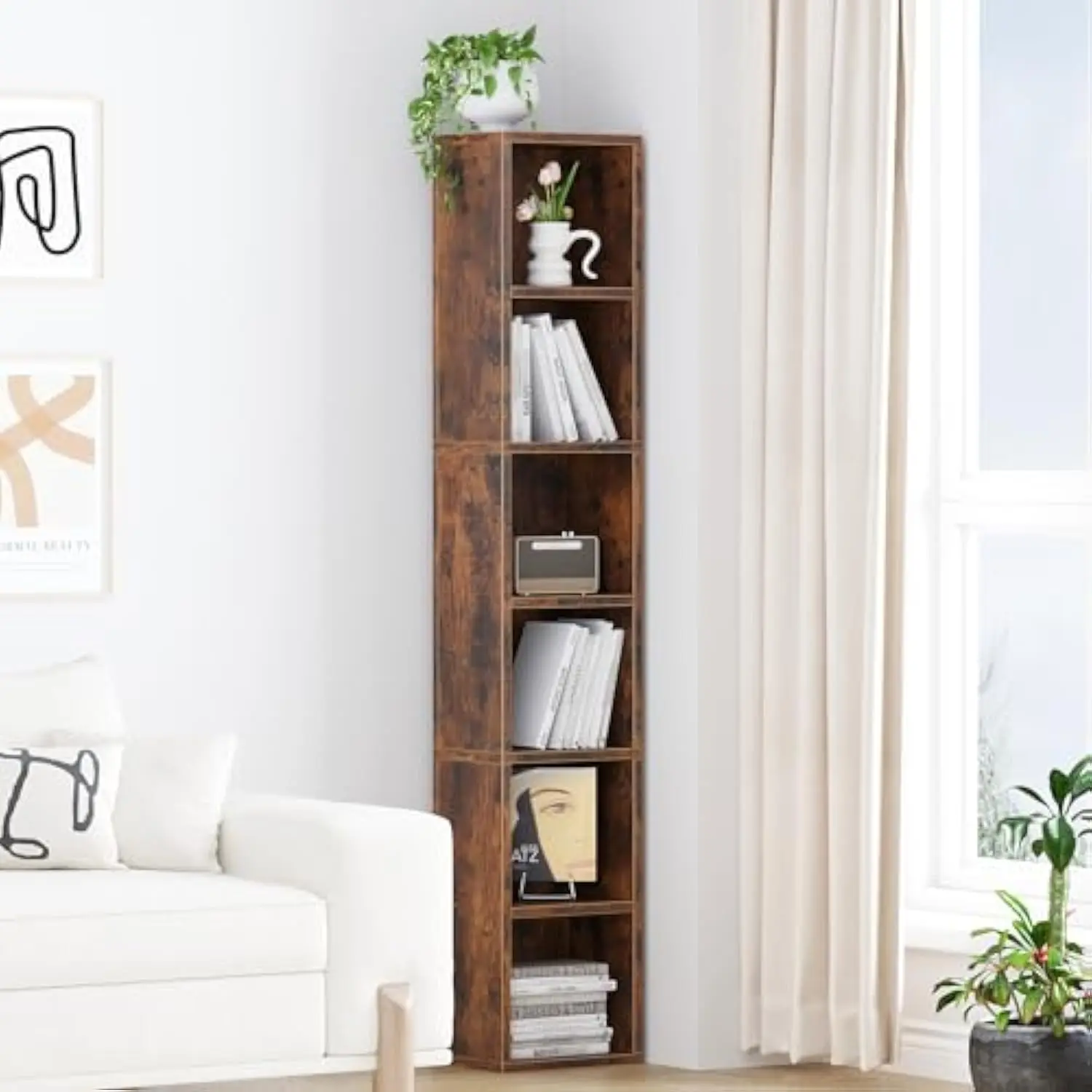 

6-Tier Open Tall Skinny Bookshelf, Floor Standing Bookcase Storage Shelf, Wooden Cube Storage Shelf for Home Office, Living R