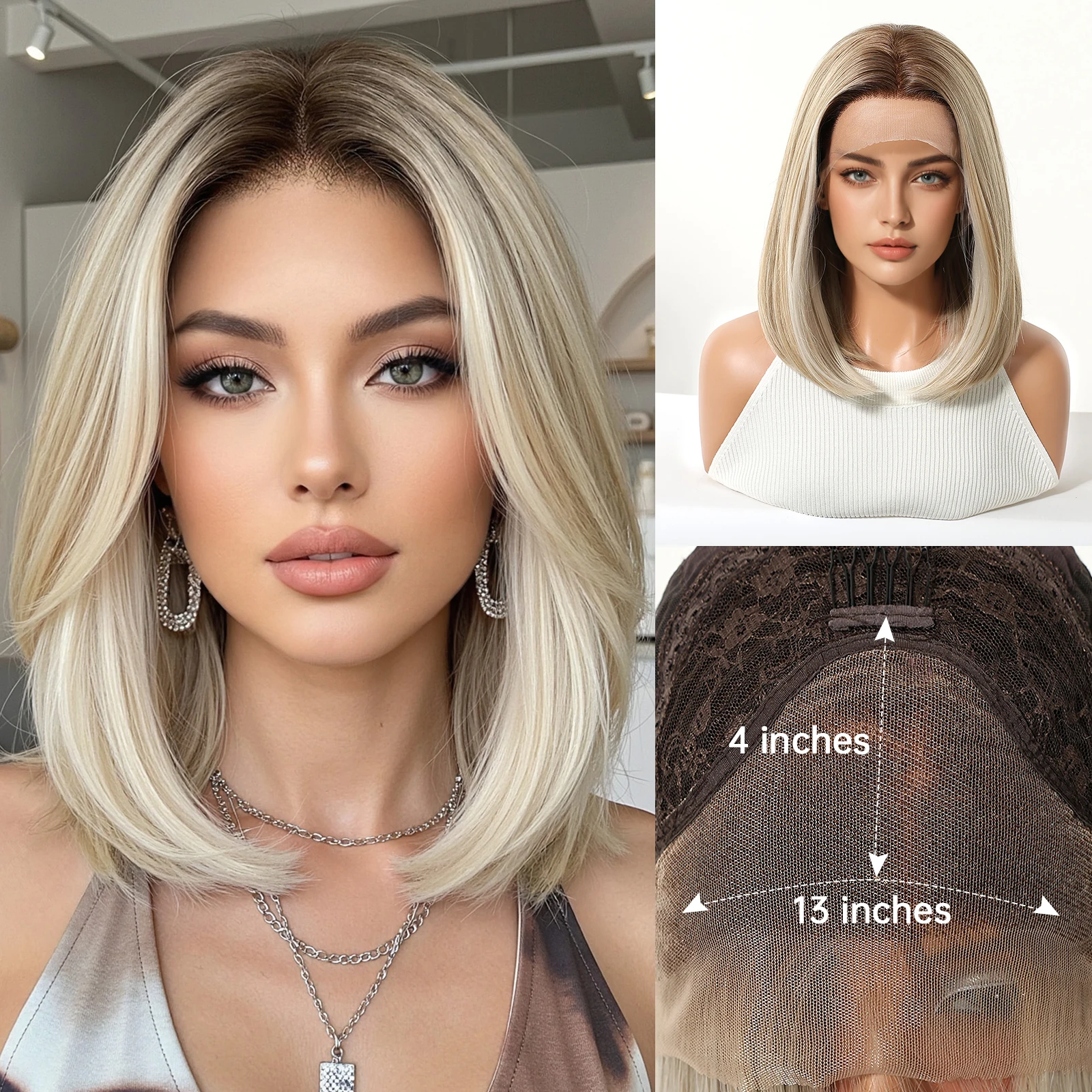 

DWY Коричневые Блондинки Ombre Синтетические Парики для Женщин Короткие Прямые Светлые Парики Шнурка 13*4 Парики Фронта Шнурка 14 Дюймов Натуральные Волосы