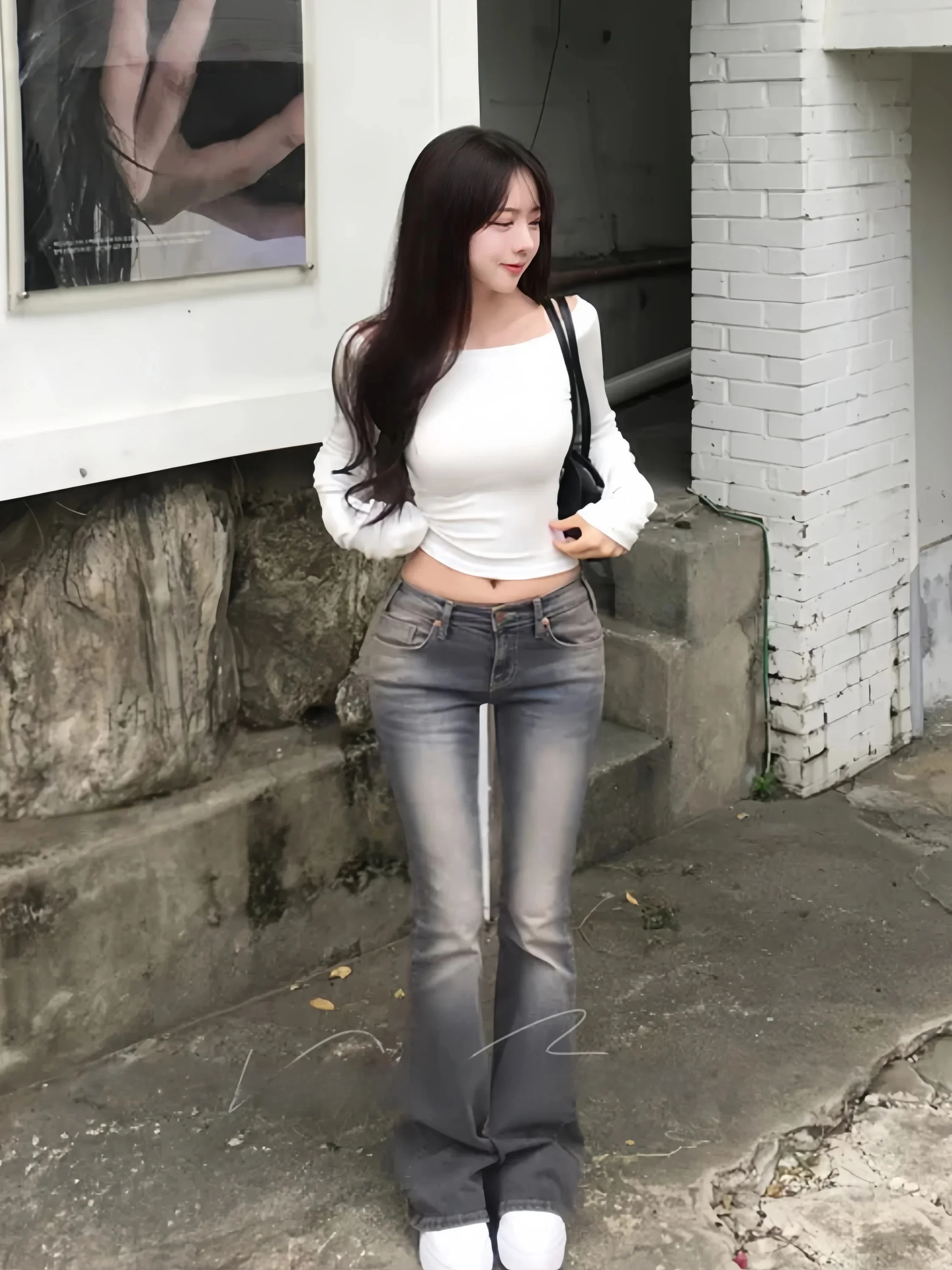 

Retro Washed Faded Bell Bottom Jeans High Waist Stretch Denim Pants Women's Spring Season Natural Waist Button Closure