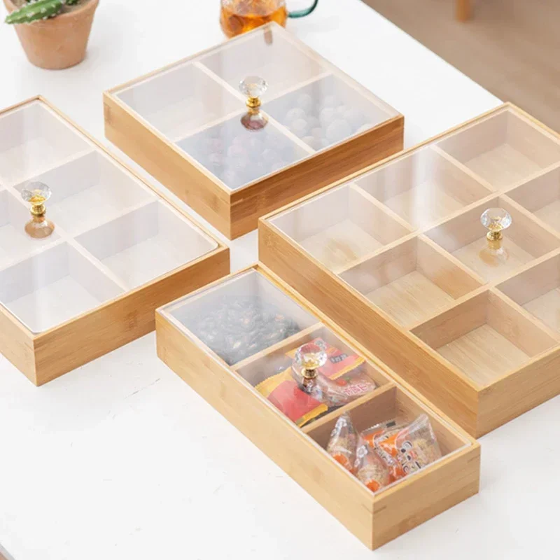 Bamboo Snack Tray with Divider Sections and Lid Wooden Serving Platter for Nuts Dried Fruits Candy Party Appetizer Display
