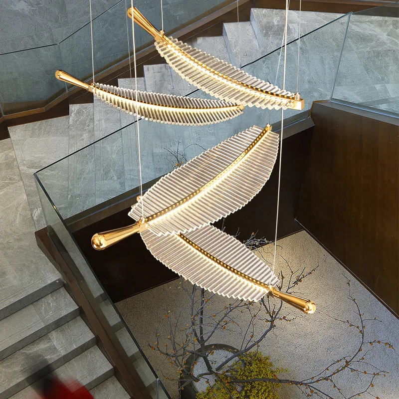 Light Luxury Crystal Leaf Feather LED Chandelier Creative Art Rotary Staircase Chandelier Living Room Dining Room Lighting