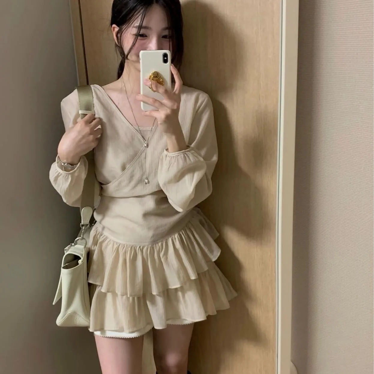 

New Arrival Strap Vest Skirt Hem Lace Two-Piece Set Women's Faion Spring Long Sve Outfit Combo Ele Student Workwear