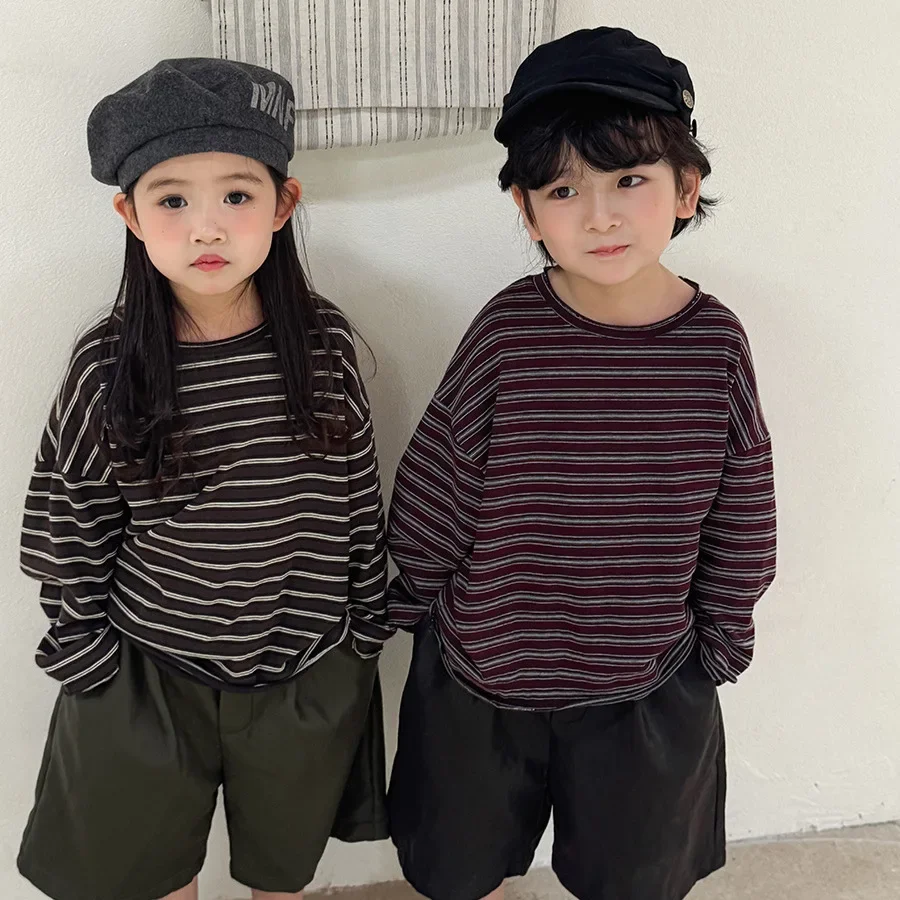 Kids Long Sleeve T‑Shirt Autumn Striped Boys Girls Raw Edge Crew Neck Base Shirt Children Loose Casual Undershirt for Toddler