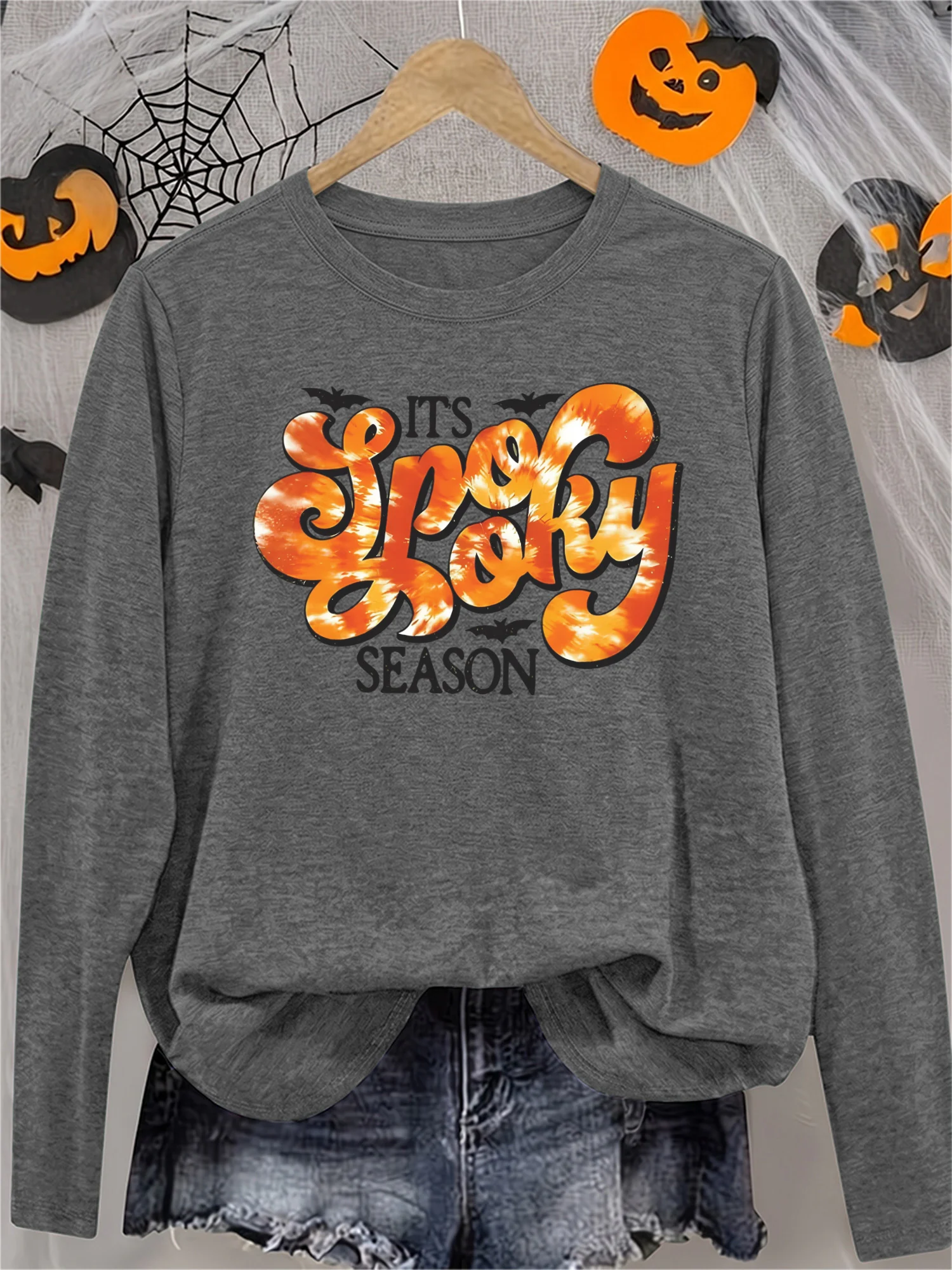 Women's Long Sleeve Spooky Season T-Shirt with Orange Gradient Bat Print - Cute Creepy Funny Halloween Gift, Soft Casual Athletic Vacation Tee, Local Stock