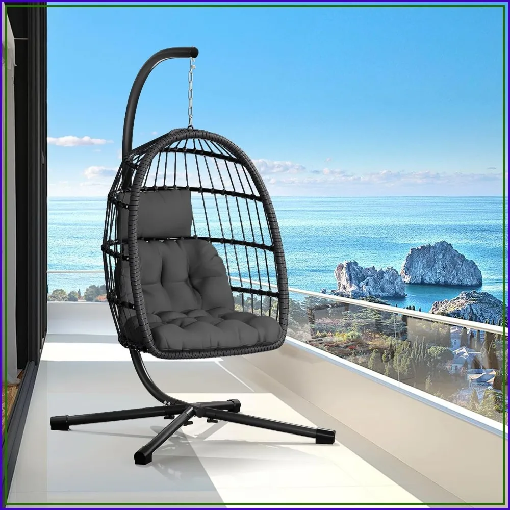 Egg Chair with Stand, Rattan Wicker Hanging Swing for Patio Garden, Aluminum Frame, 350LBS, Grey