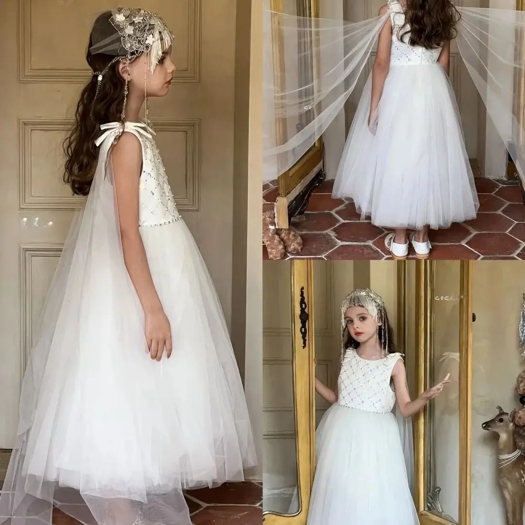 

Детское белое тюлевое платье для девочек 2026 года, праздничное платье принцессы с кристаллами и жемчугом, нарядное платье для причастия с бантом на плече, детские платья