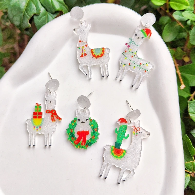 KUGUYS Christmas Gifts Alpaca Women Drop Earrings Cartoon Glitter Acrylic Jewellry Fashion Classic Accessories