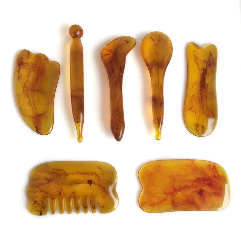 Y1UF 7pcs Natural Resin Amber Massage Scraping for Face Neck Gua Sha Scraper Therapy