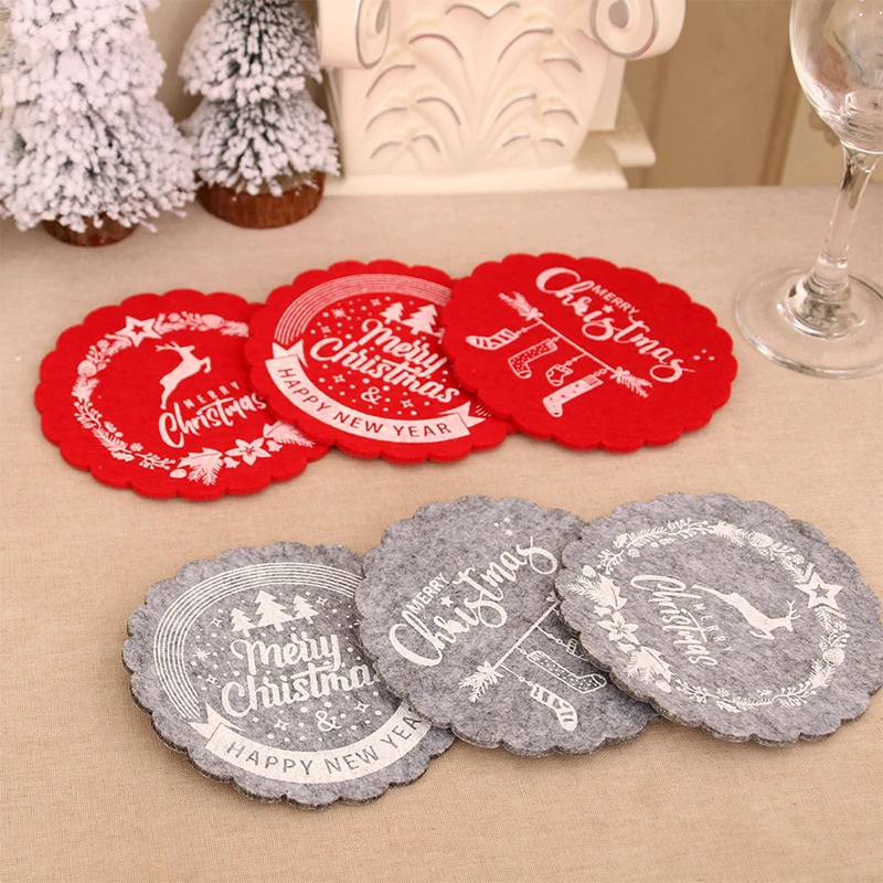 3Pcs Christmas Felt Coasters Anti-slip Round Placemat Bowl Mats Cups Pads For Xmas New Year Party Decoration Supplies Wholesale