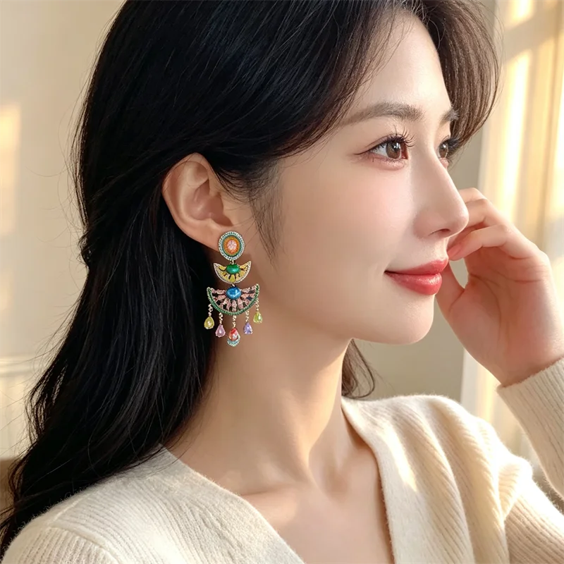 Retro Fan Earrings Color Zircon Waterdrop Tassel Dangle Earrings Luxury Elegant Sparkly Ear Accessories For Dinner Banquet Gifts
