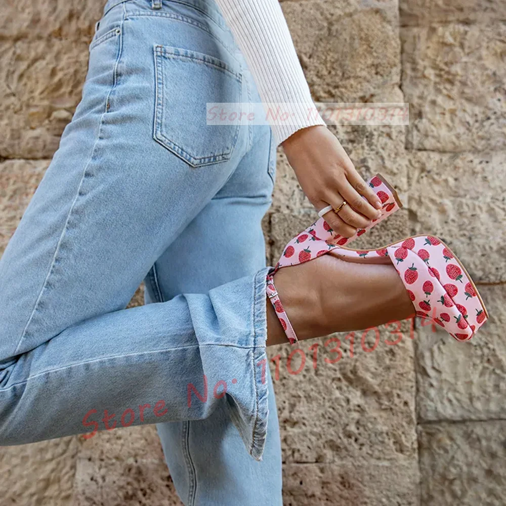 Fruit Print Platform Sandals Women Sweet High Block Heels Round Tip Shoes Summer Hot Light Pink Ladies Ankle Strap Newest Shoes