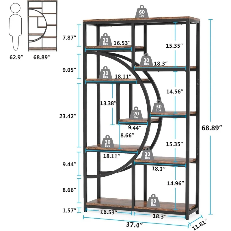 Bookshelf Industrial 5 Tier Etagere Bookcase, Freestanding Tall Bookshelves Display Shelf Storage Organizer with 9-Open