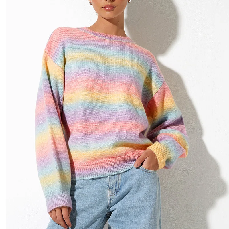 2022 Autumn Winter Rainbow Grandient Sweater Loose O-neck Long Sleeve Pullover Women