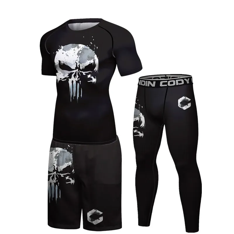 2022 Boxing Compression 3d Skull Printing Sets Mma Rashguard Men Jiu Jitsu Jerseys Fitness Sport Pants Gym Muay Thai Shorts