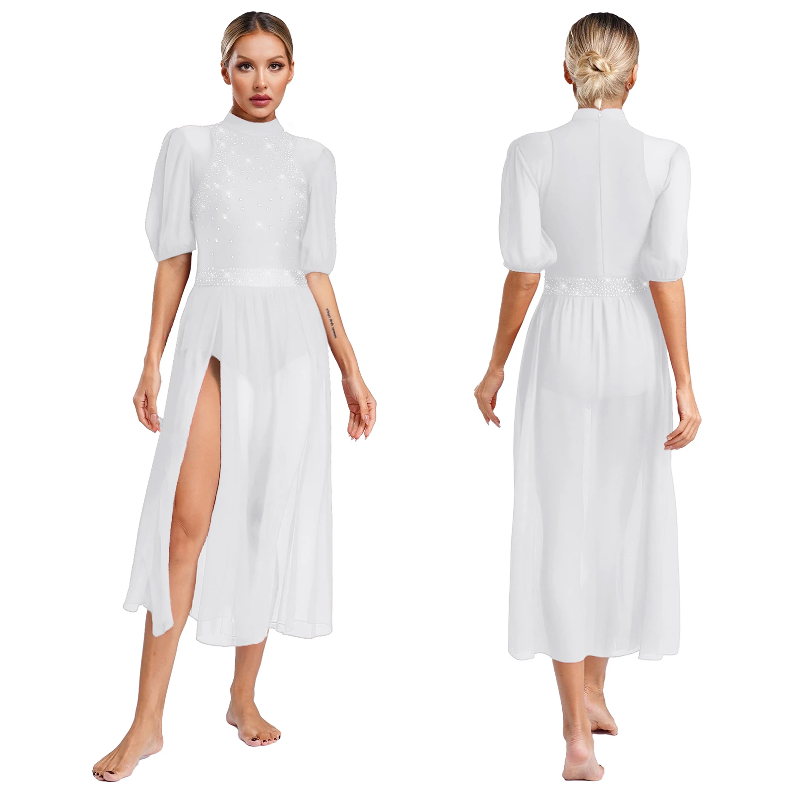 

Womens Modern Lyrical Dance Dress Dress Stage Dance Costume Half Sleeve Slit Mesh Hem Buttoned Crotch Sparkly Rhinestone Leotard