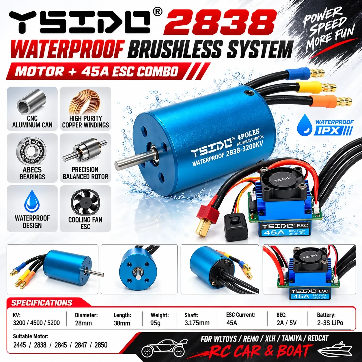 2838 Waterproof Brushless Motor 45A ESC Speed Controller for Wltoys Remo Hobby XLH Timaya Redcat 1/14 1/16 1/18 RC Car Boat