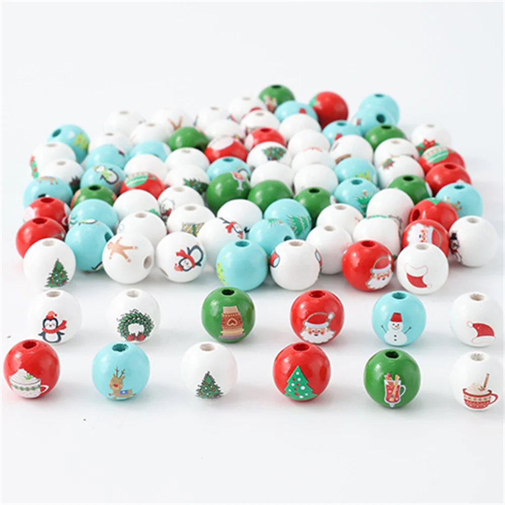 16mm 10Pcs Assorted Printed Christmas Wooden Beads Mixed Pattern Wood Spacer Beads for Xmas Garland Bracelet DIY Craft Decor