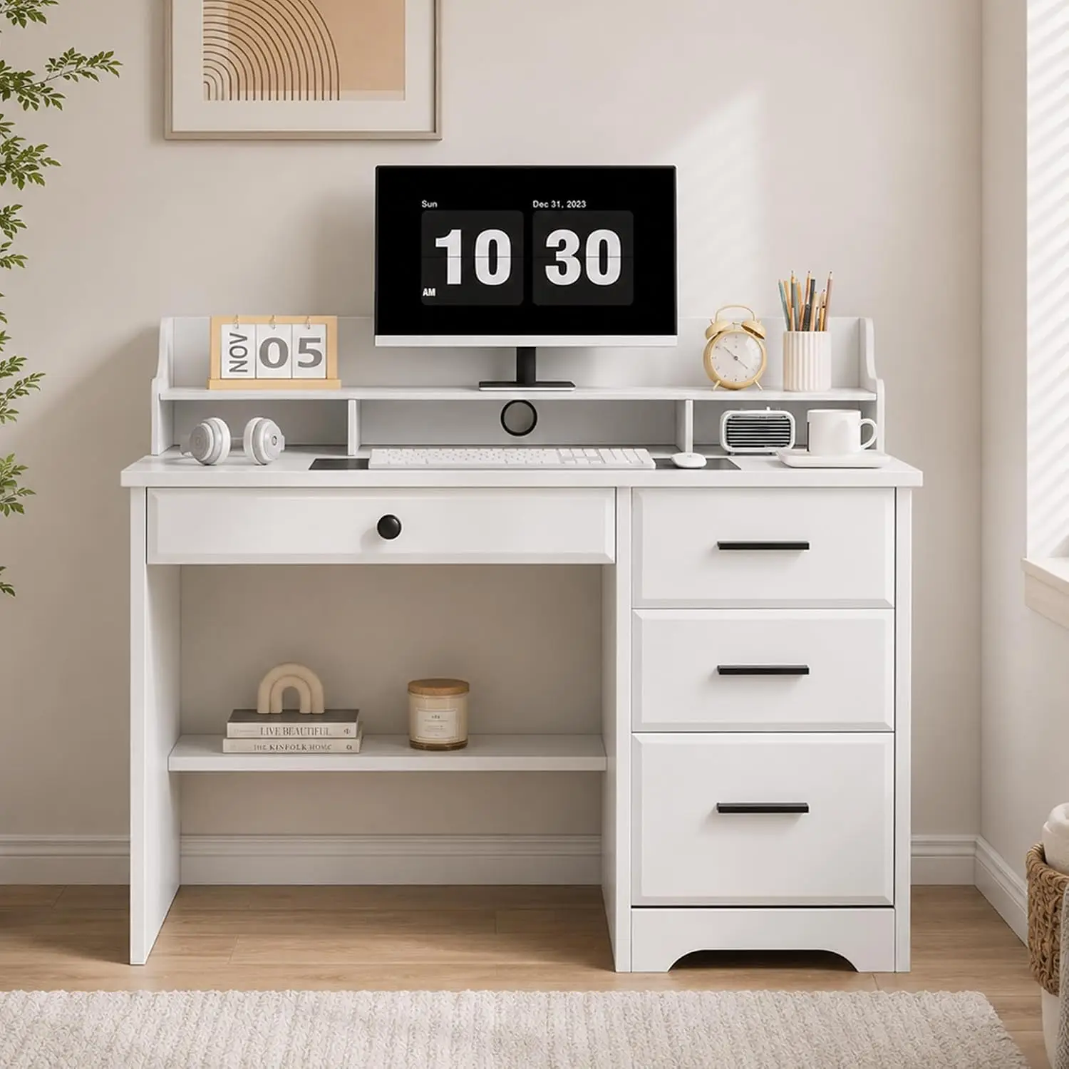 White Desk with Drawers & File Storage & Monitor Stand, Customized