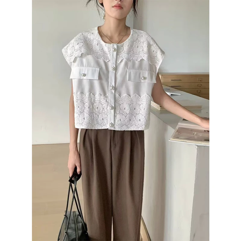 

Korean Style Women's Short Sleeve Lace Embroidery Floral Patchwork Shirt Breathable Casual Fashion Summer New Arrival