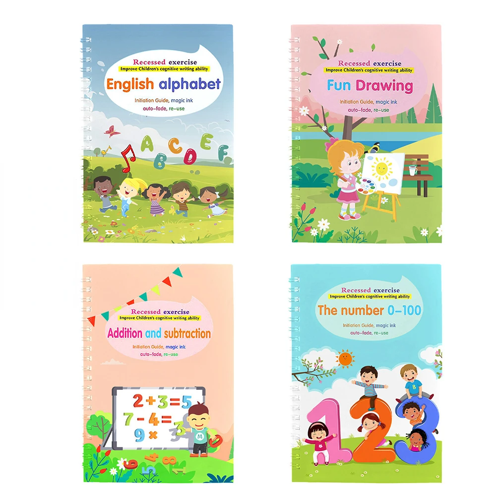 Cuaderno reutilizable de 4 libros para caligrafía, libro de imágenes de Color de copia favorito de los niños, juguete de letras en inglés, Learning Will Be Fun