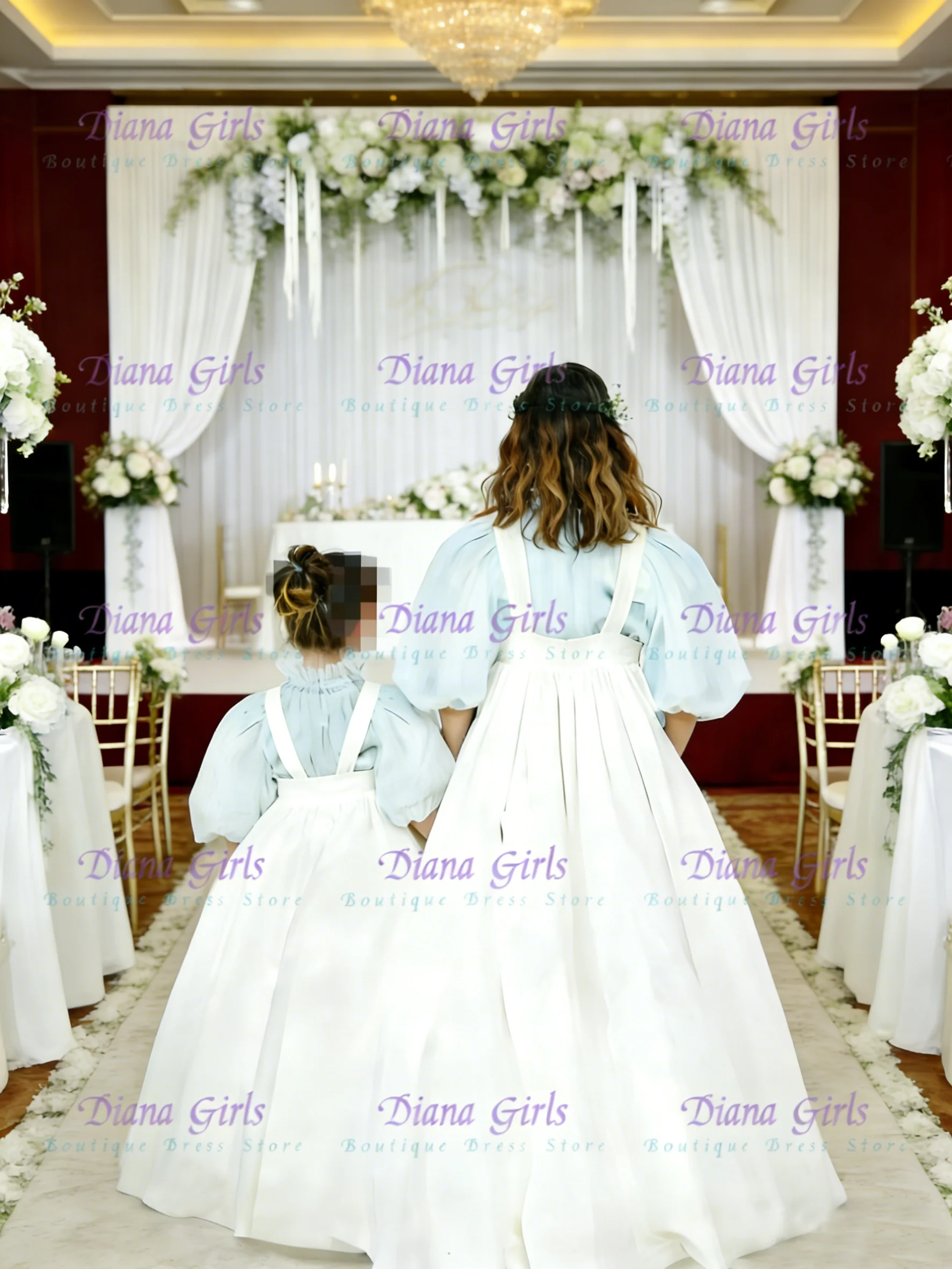 Quality Lovely Two-piece Set Flower Girl Dress Light Blue Tulle With White Taffeta Little Princess Wedding Party Evening Gowns