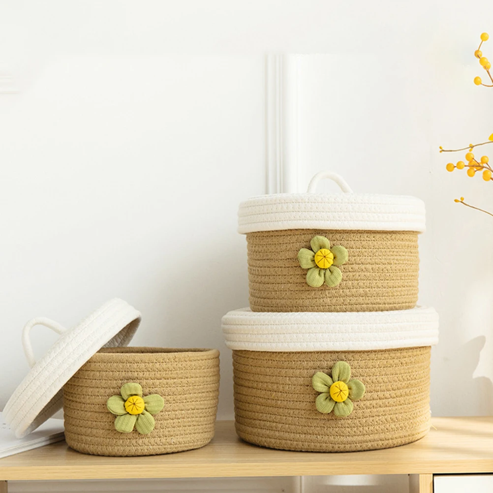 

Storage Box with Lid Small Basket Baskets Lids Round Hamper Woven Bins Toy Decorative Baby