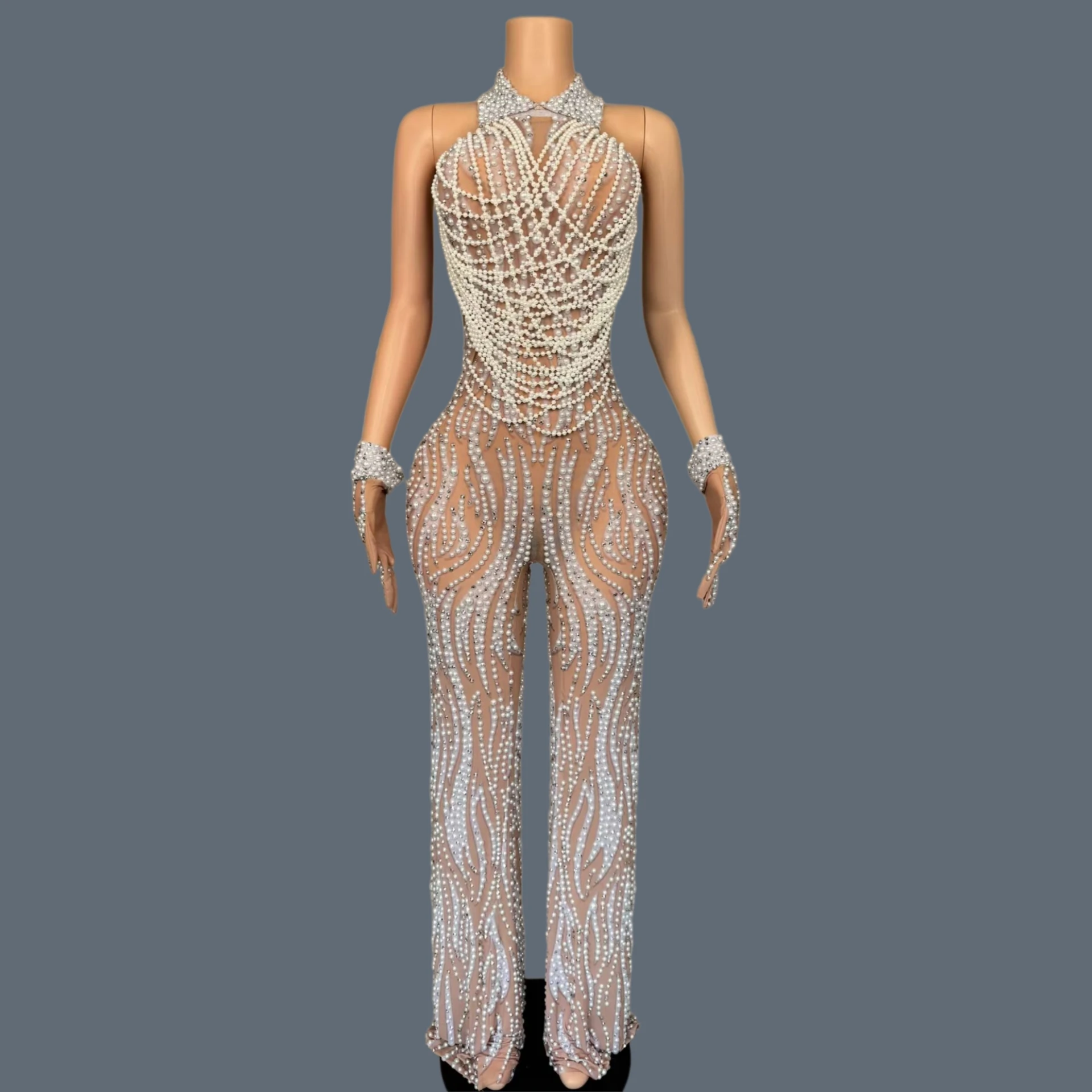 Luxury Sparkly Crystals Pearls Sheer Bell-bottoms Jumpsuit Women Sexy Bar Show Event Wear Birthday Party Backless Outfit Bailing