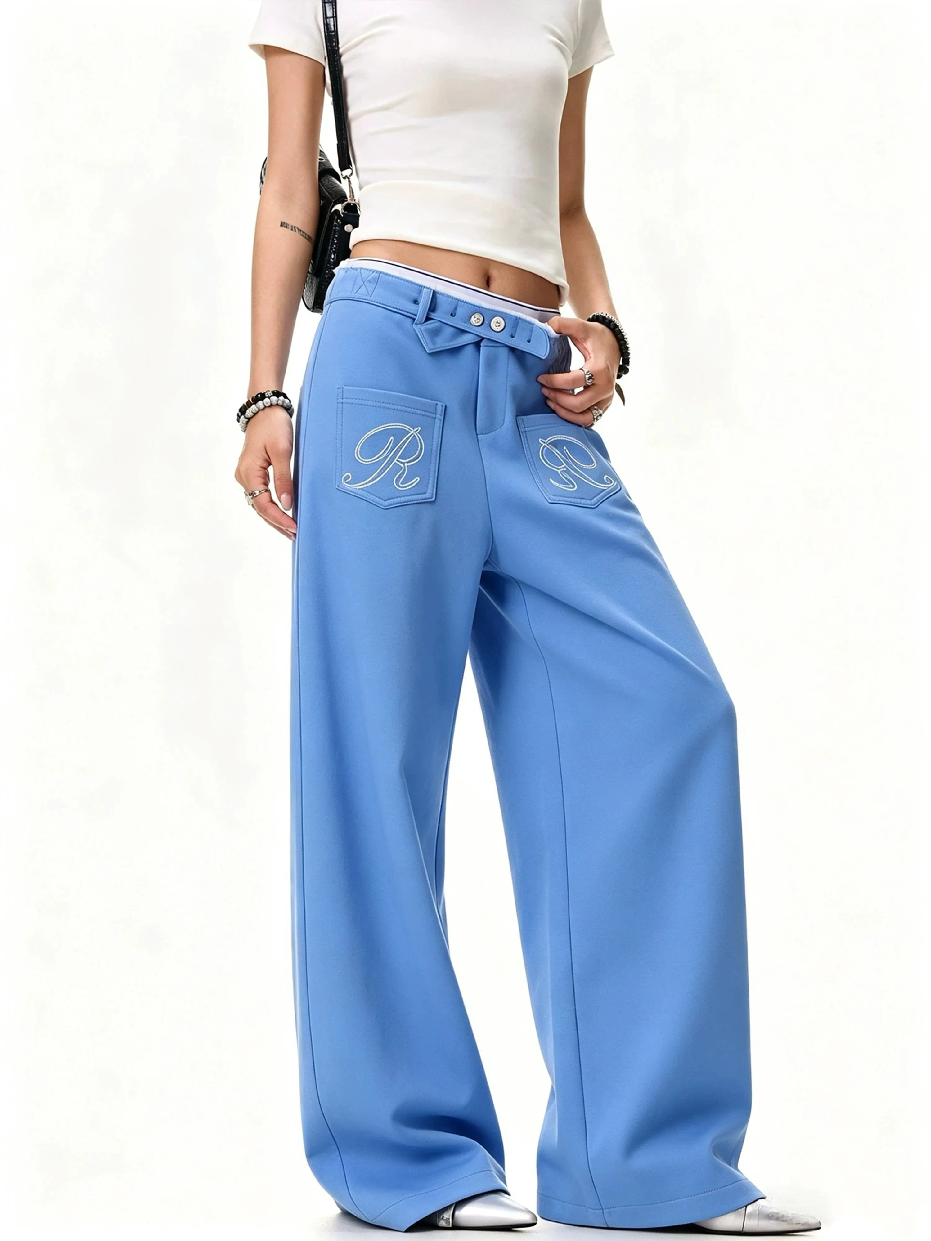 American Style Retro Paris Button Design Embroidered Wide Leg Pants Women's Spring Autumn New Lazy Gravity Straight Leg Sweat...