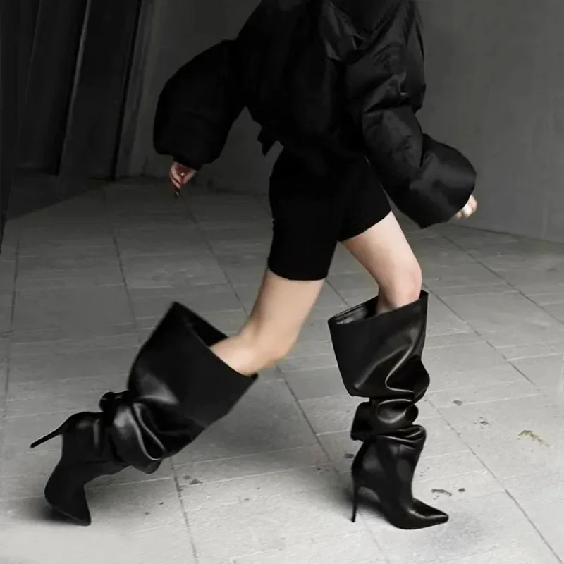 

Street Cool Pointed Toe Stiletto Over The Knee Boots Slip-On Pleated High Heel Knight Botines Black Women Shoes Chaussure Femme