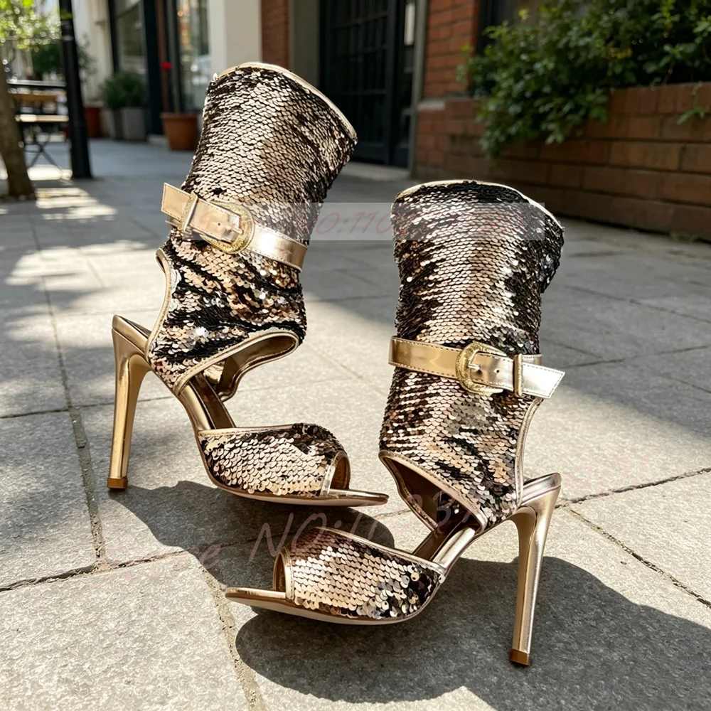 

Gold Sequins High Heels Hollow Peep Toe Boots Women Zipper Buckle Strap Mid Calf Booties Fashion Luxury Shoes