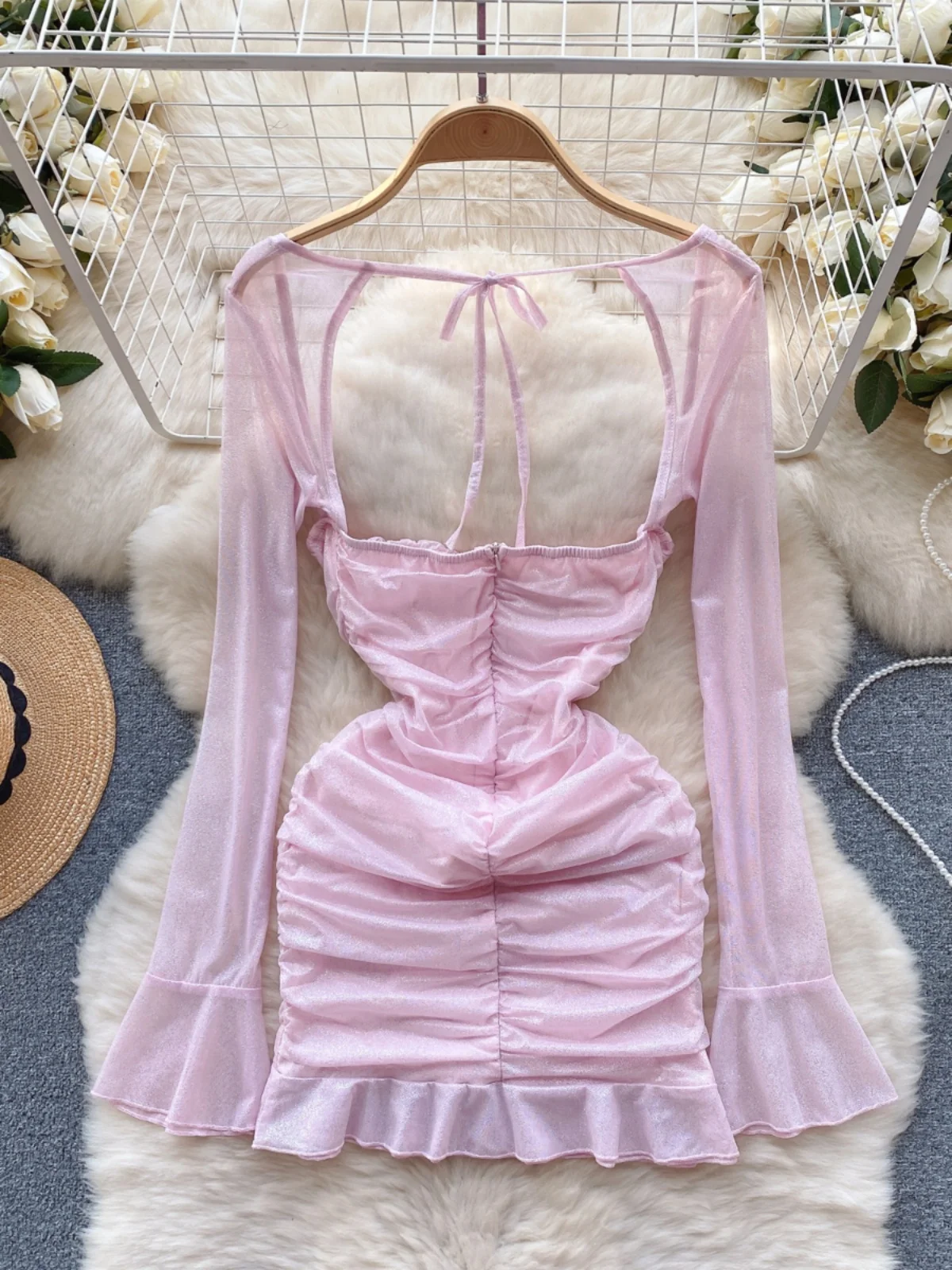 Foamlina Women Elegant Pink Low Cut Square Neck Perspective Long Sleeve Summer Dress Sexy Backless Slim Ruffles Mini Party Dress