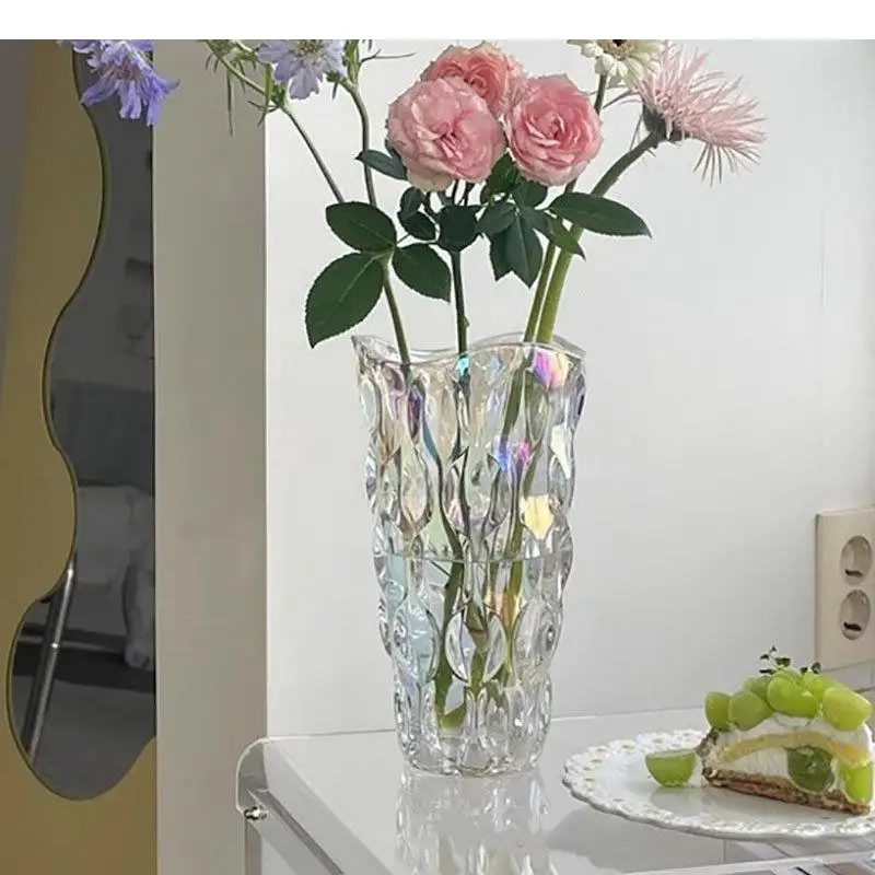 Multicolored Crystal Relief Glass Vase Hydroponics Flower Pots Decorative Arrangement Desk Decoration Floral Vases