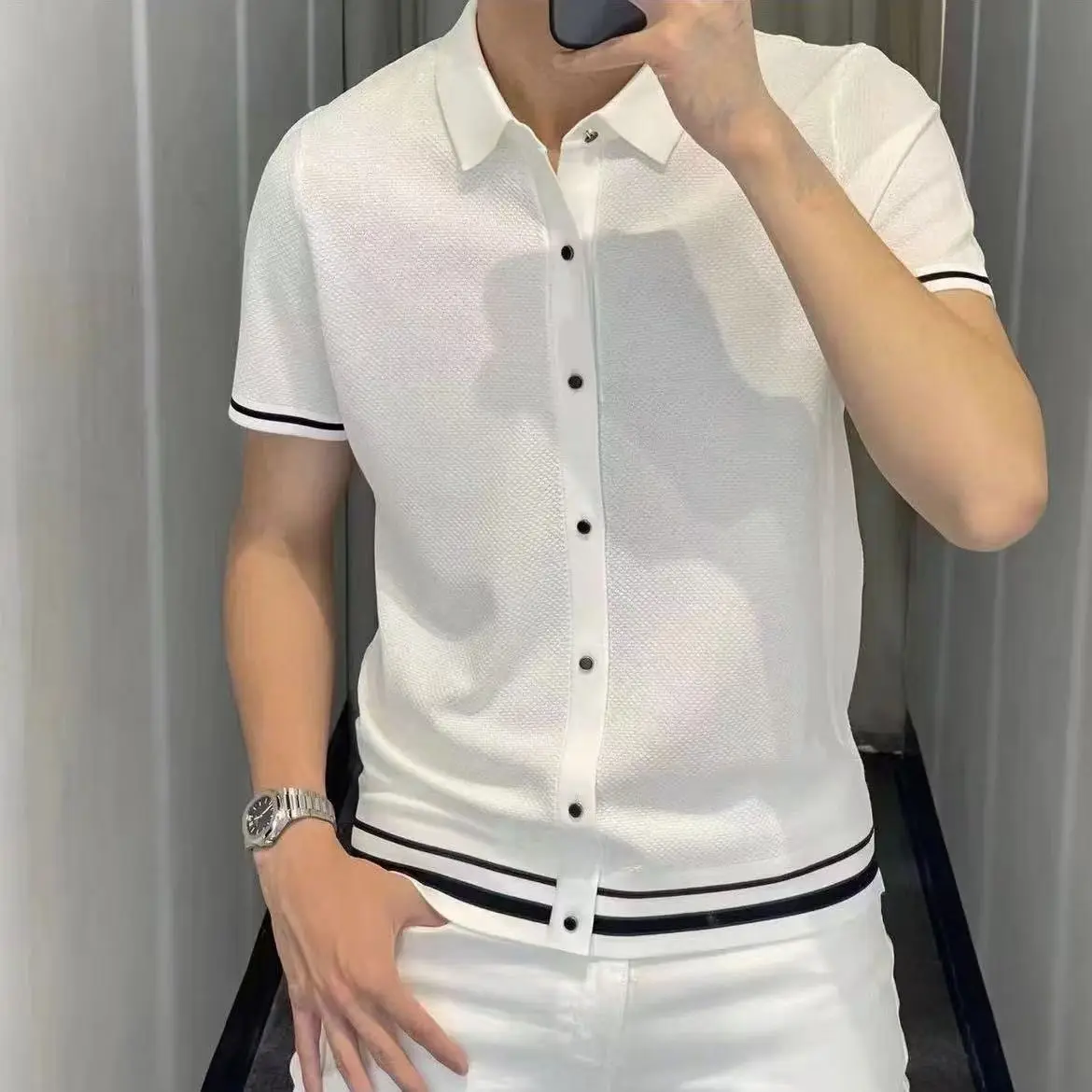 

Light Lluxury Solid Patchwork Striped Shirt For Men Fashion Square Collar Short Sleeve Cardigan Tops Summer Slim Fit Polo Shirts