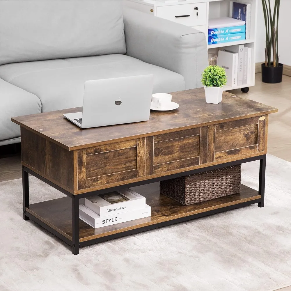 Lift Top Coffee Table with Steel Frame, Dining Table with Open Storage and Hidden Compartment, Suitable for Living Room