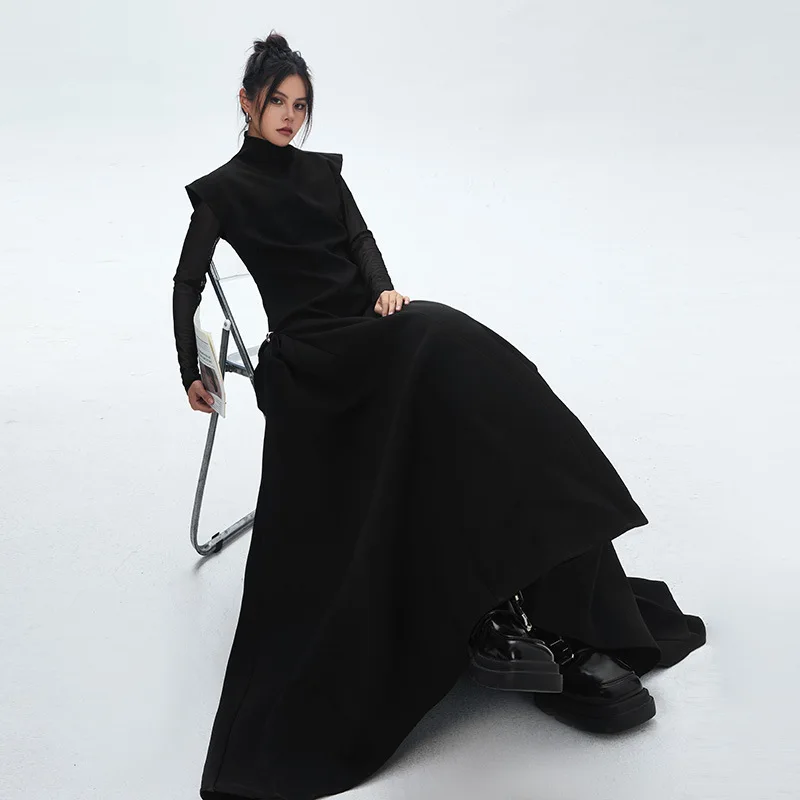 SuperAen Korean Style Fashion Simple Waist Black Dress Elegant Pullover Sleeveless Ball Gown Long Dresses
