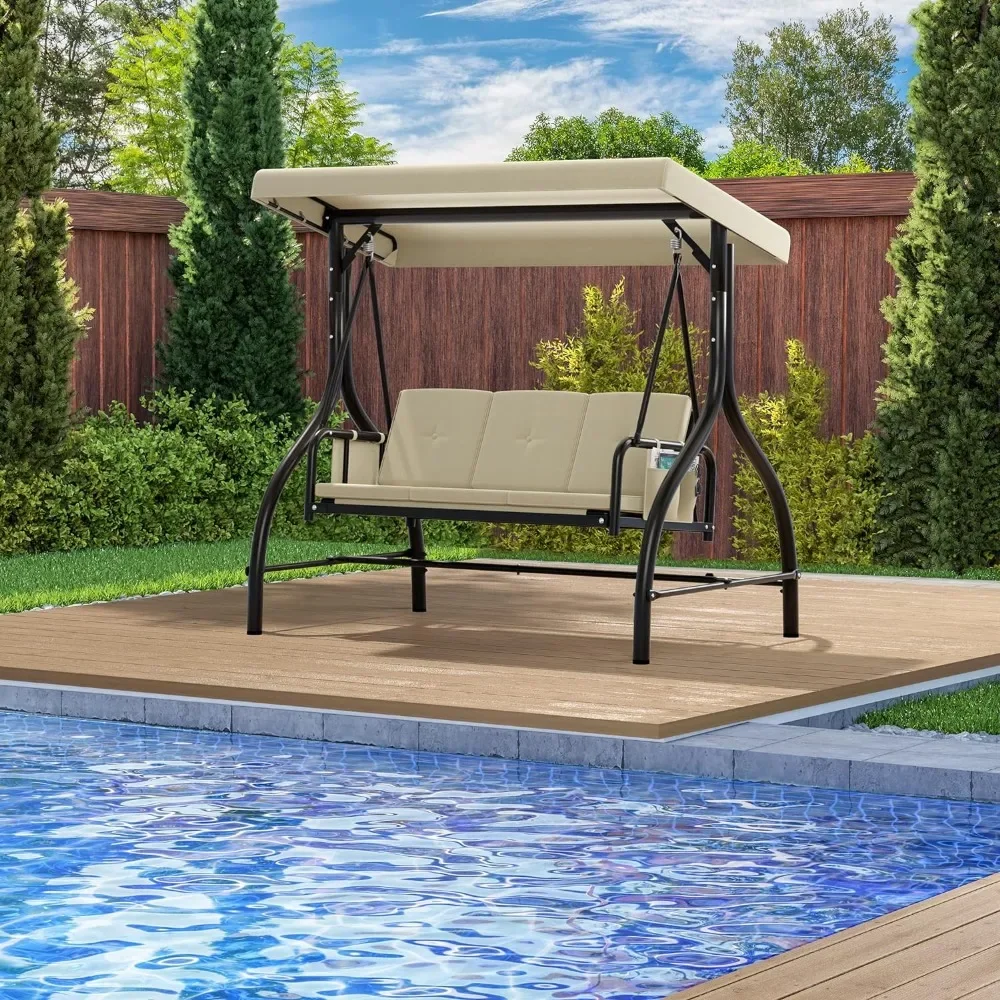 Patio Swing, Heavy Duty Swings Chair with Adjustable Canopy Removable Cushion, 3-Seats Outdoor Patio Swing