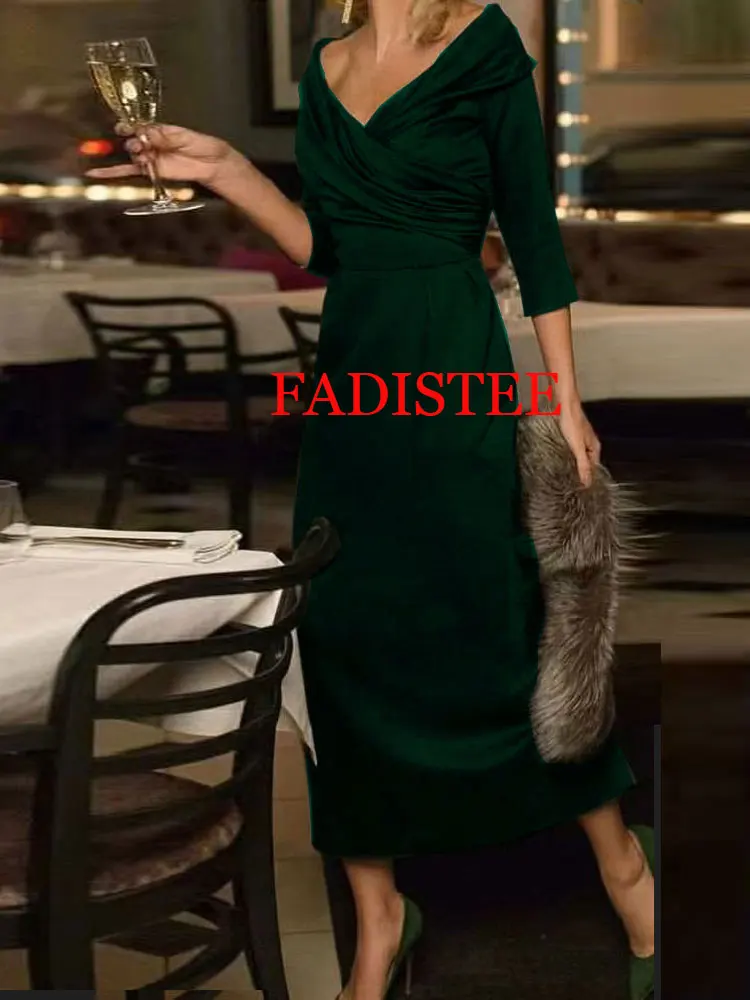 Aangepaste avondjurken V-hals halve mouwen zeemeermin moeder van de bruidjurken voor bruiloften theelengte feestjurk voor dames