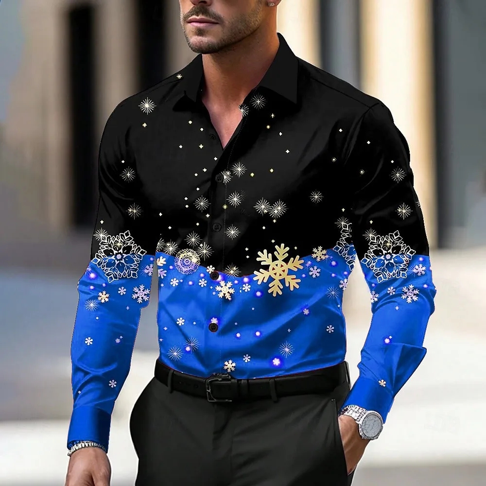 

Fashionable new men's 3D printed Christmas snowflake design pattern men's long sleeved shirt collar button comfortable casual pl