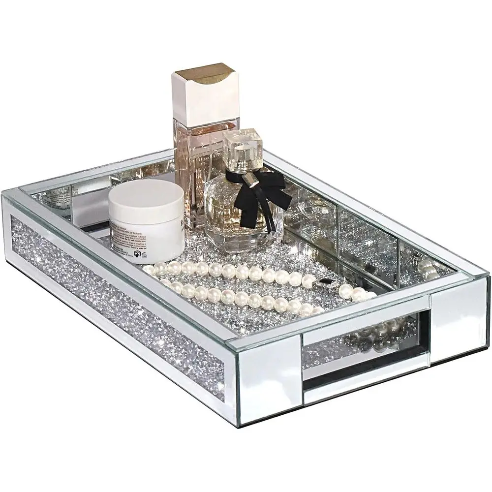 

RecGlass Tray with Handles or Drer, Mirror Makeup Organizer Perume Display, Crushed Diamond Home Decor Accent or Vanity