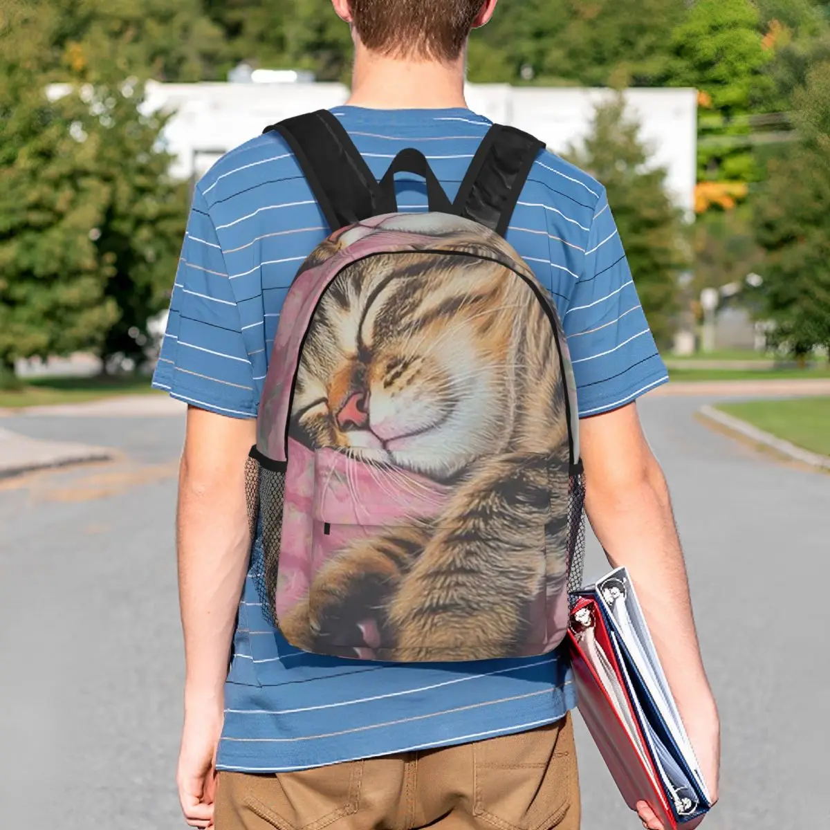 Cat Sleeping In Bed Realistic Art Backpack Student BookBag Children School Bag Laptop Shoulder Bags for Boys Girls