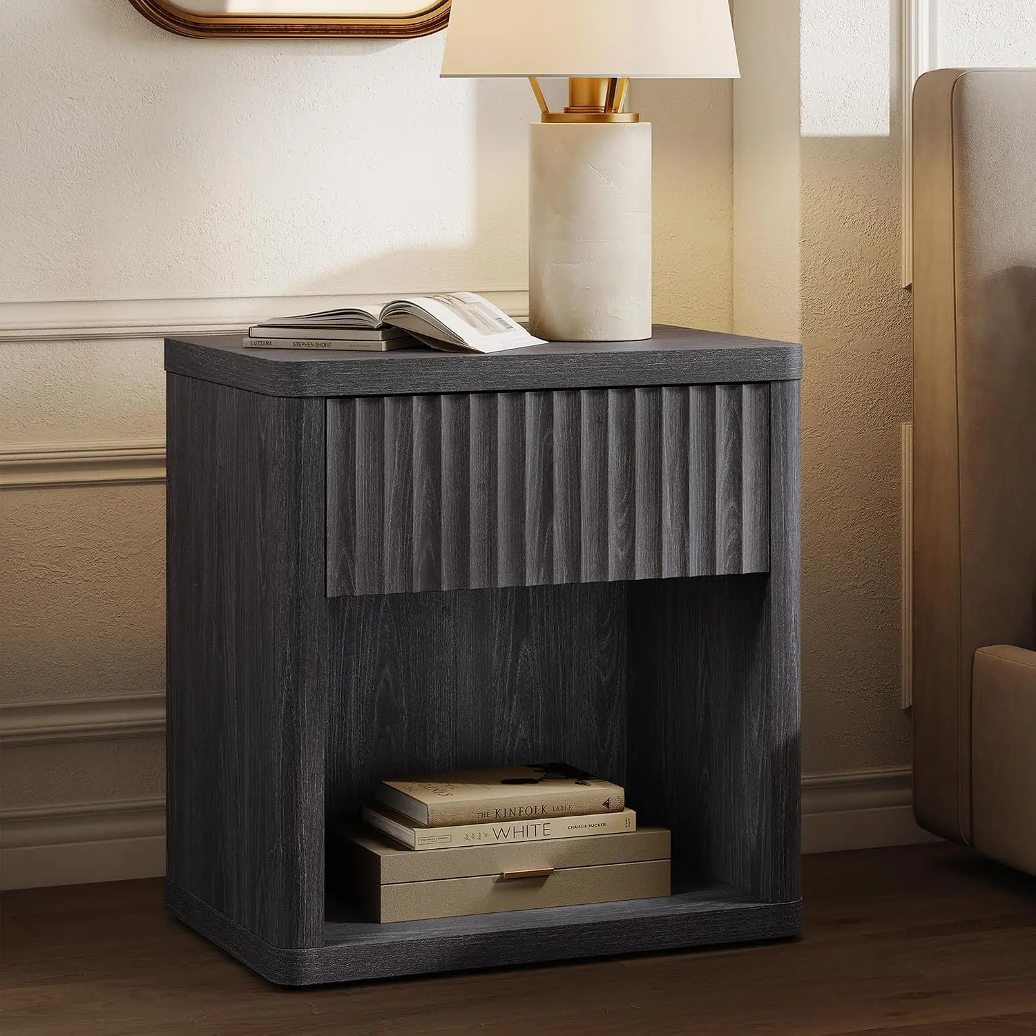 Night Stand Nightstand with Drawer Storage Fluted Bed Side Table End Table Large Modern Wide Bedside Mid Century Night Stands fo