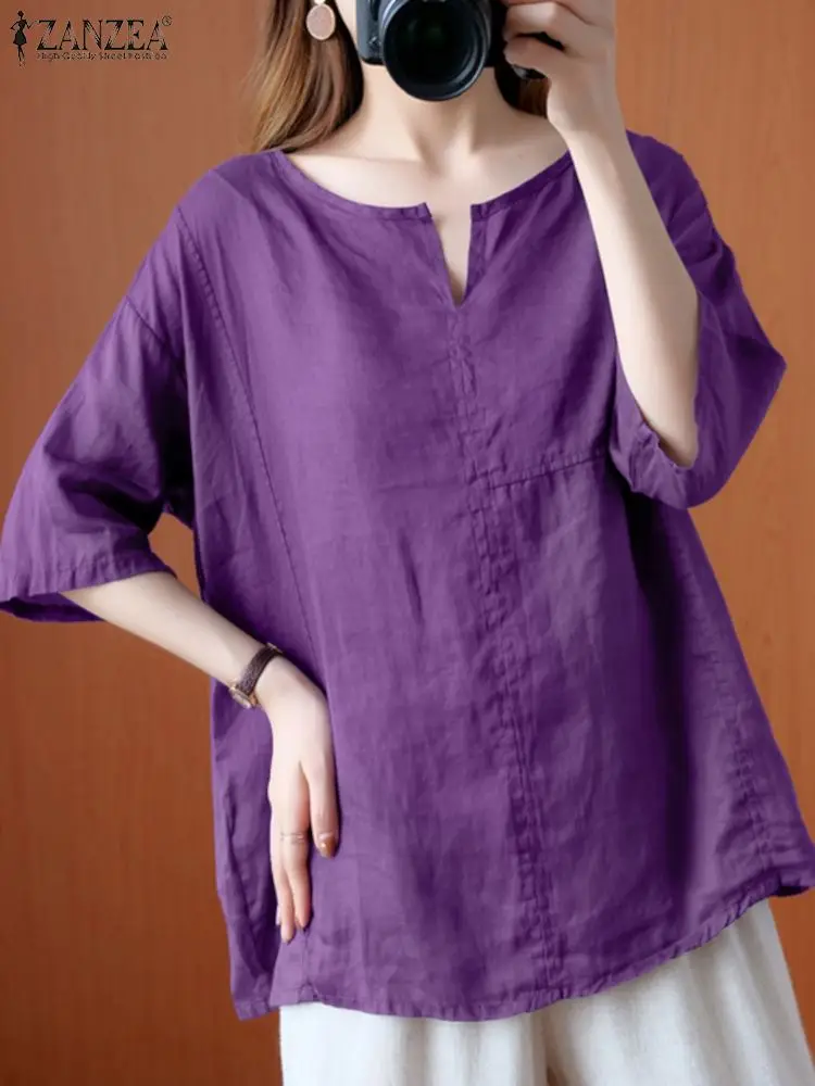 ZANZEA Leisure Women Blouse Oversized Cotton Linen Shirts Vintage Solid Long Sleeve Tunic Tops 2022 Autumn Casual Loose Blusas