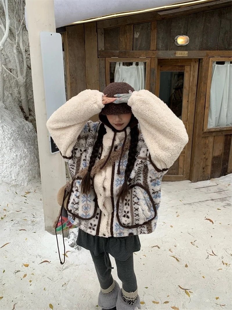 

Retro American Lamb Fur Collar Jaet Women's Winter Versatile Warm Cotton Blend Loose Cotton Coat Long Sve Button up