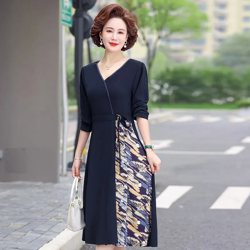 2024 blu Patchwork Midi Dress donna Chic elegante abito di lusso autunno inverno coreano Vintage Night Dress