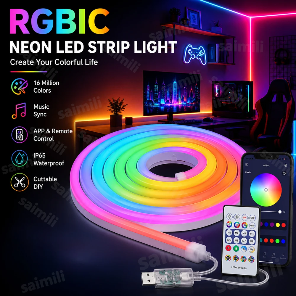USB WS2812 RGBIC Neon LED Rope Strip Music Sync Waterproof Flexible Light Strip For Gaming Room Christmas Party DIY Decor Lamp